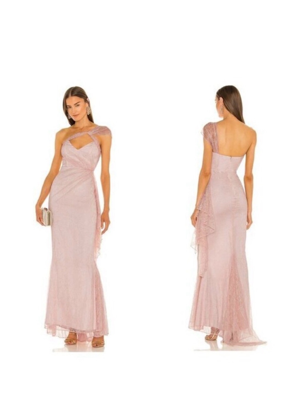 Michael Costello Blush Pink One-Shoulder Lace Maxi Gown